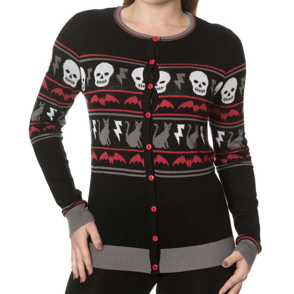 Banned All Hallows gebreide cardigan met Halloween print Kat Gebreide dames trui Banned apparel alternatieve kleding